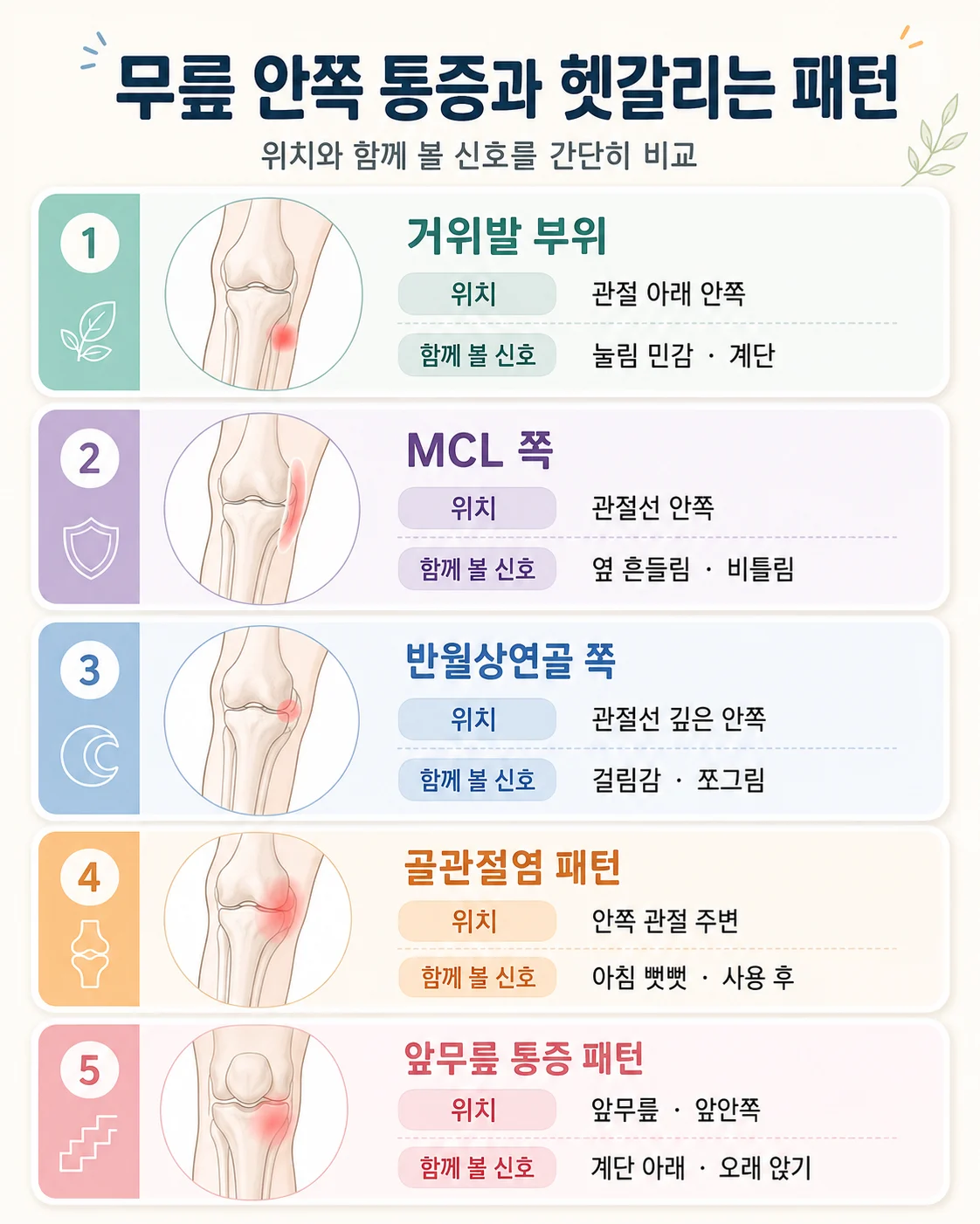 무릎 안쪽 통증과 헷갈리는 다섯 가지 패턴 비교