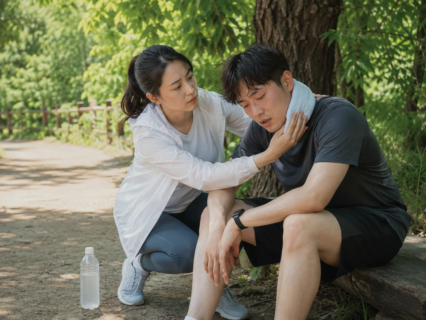 무더운 산책로에서 몸이 불편한 사람을 그늘로 옮겨 식혀주는 동행자
