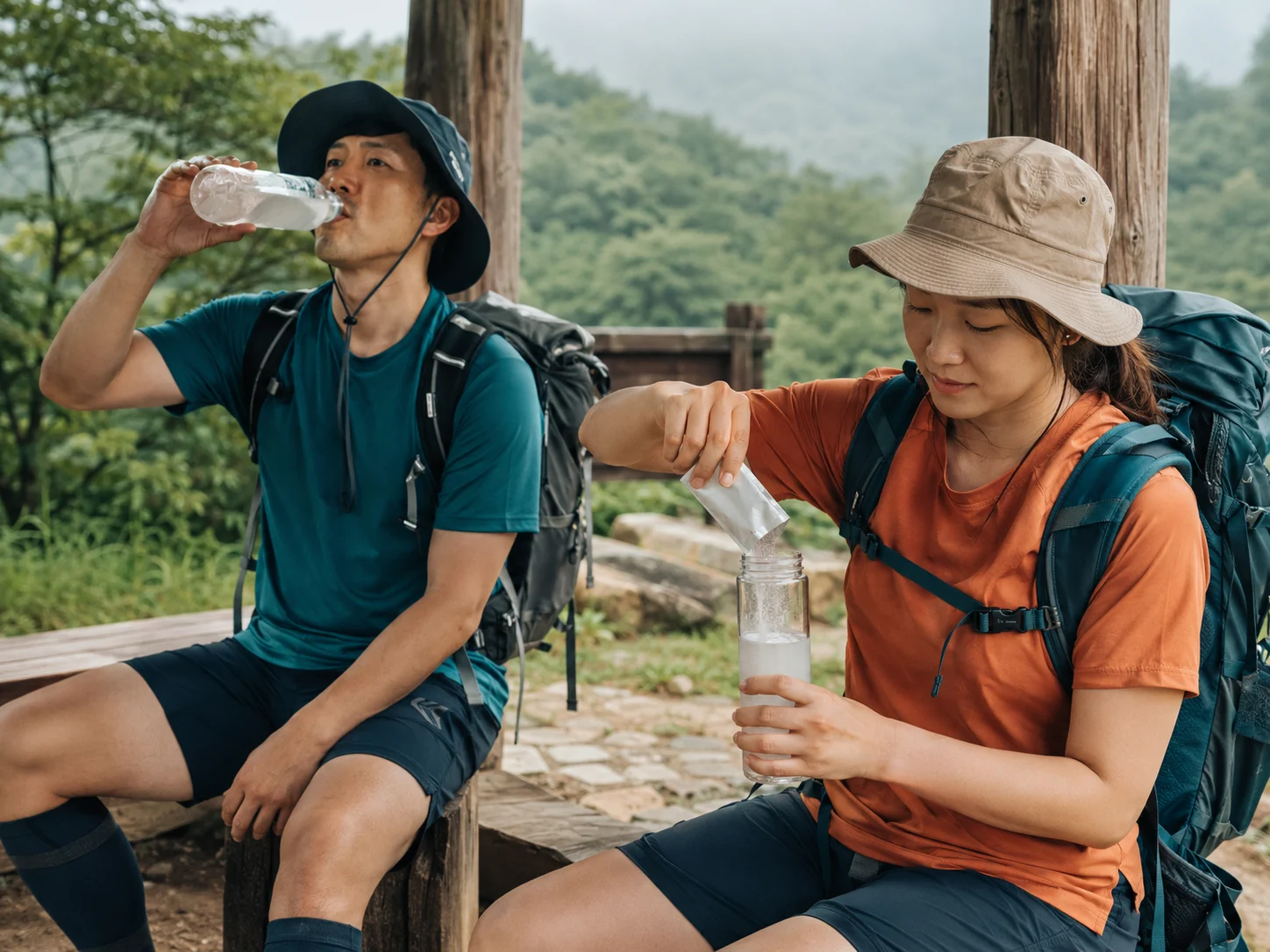 여름 산행 쉼터에서 물을 마시고 전해질 파우더를 타는 등산객