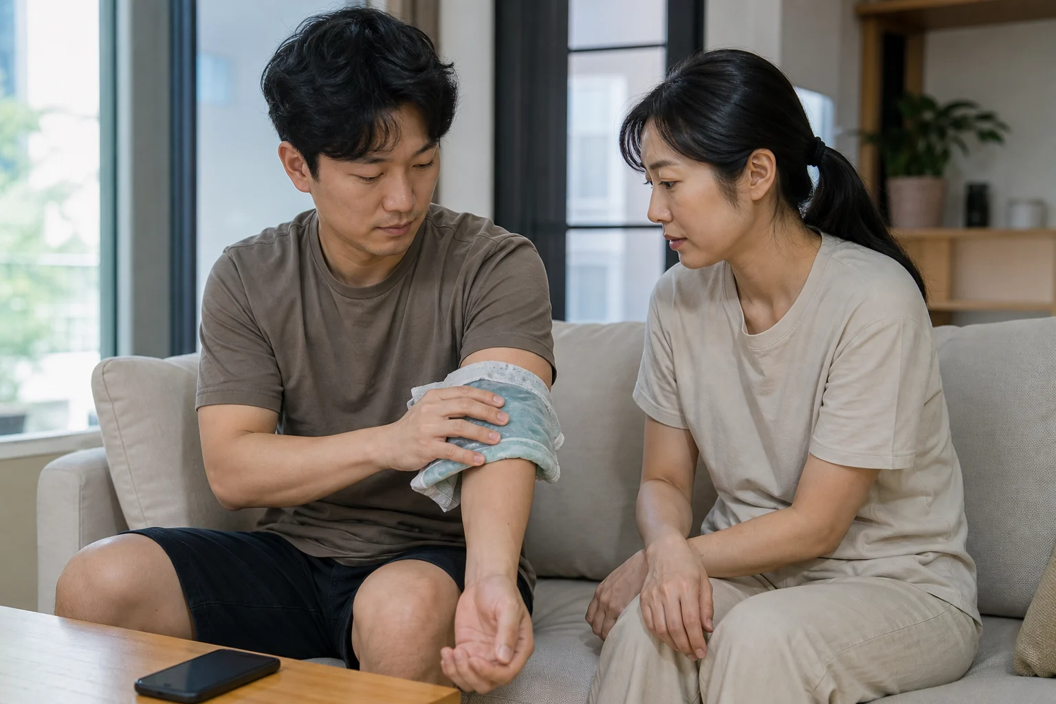 벌에 쏘인 팔에 얇은 천으로 감싼 냉팩을 대고 가족과 상태를 살피는 모습