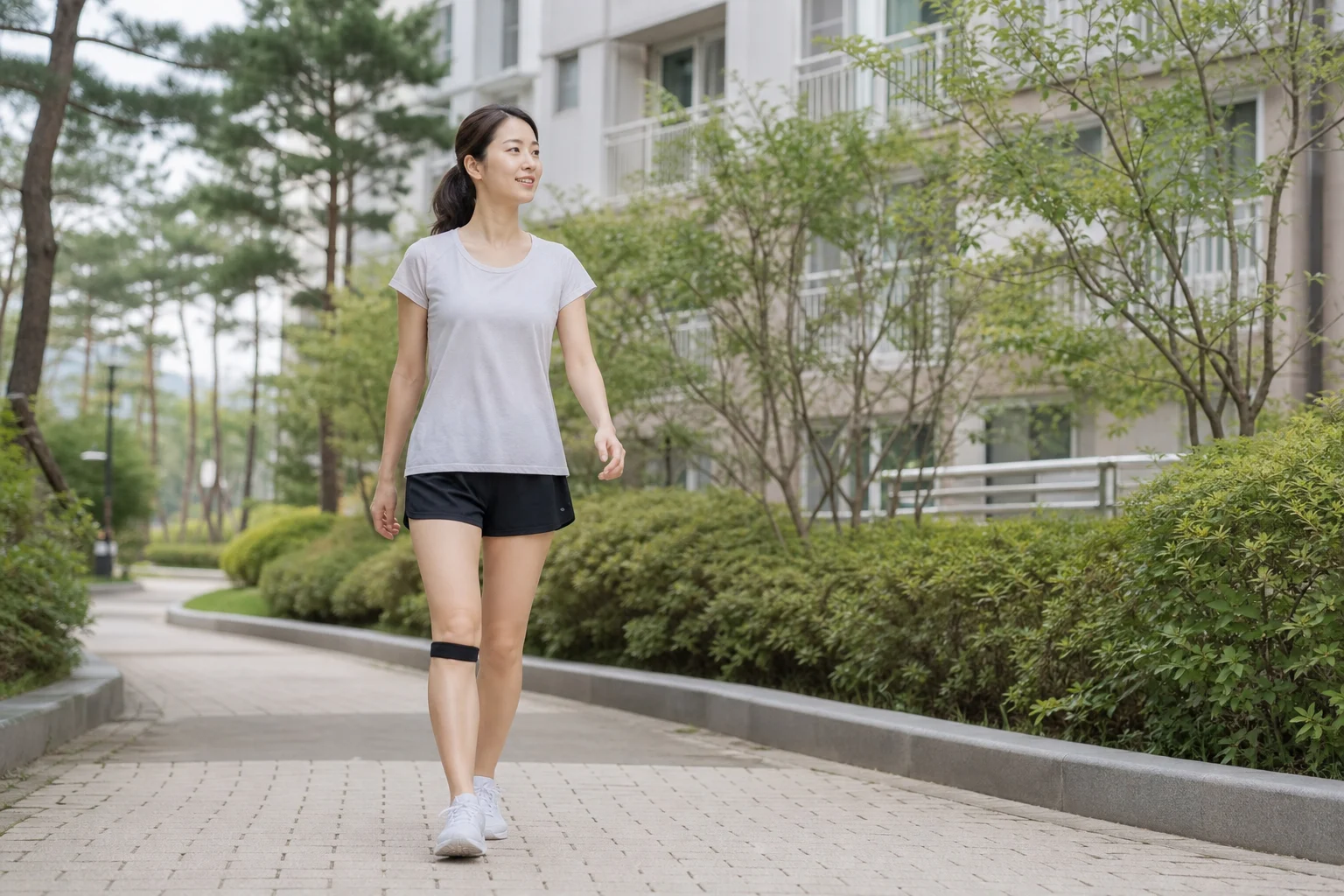 슬개골 아래에 밴드를 착용하고 아파트 산책로를 걷는 한국인 여성