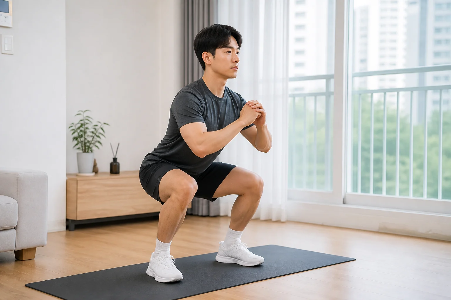 발뒤꿈치를 바닥에 두고 무릎 정렬을 유지하며 스쿼트하는 한국인 남성