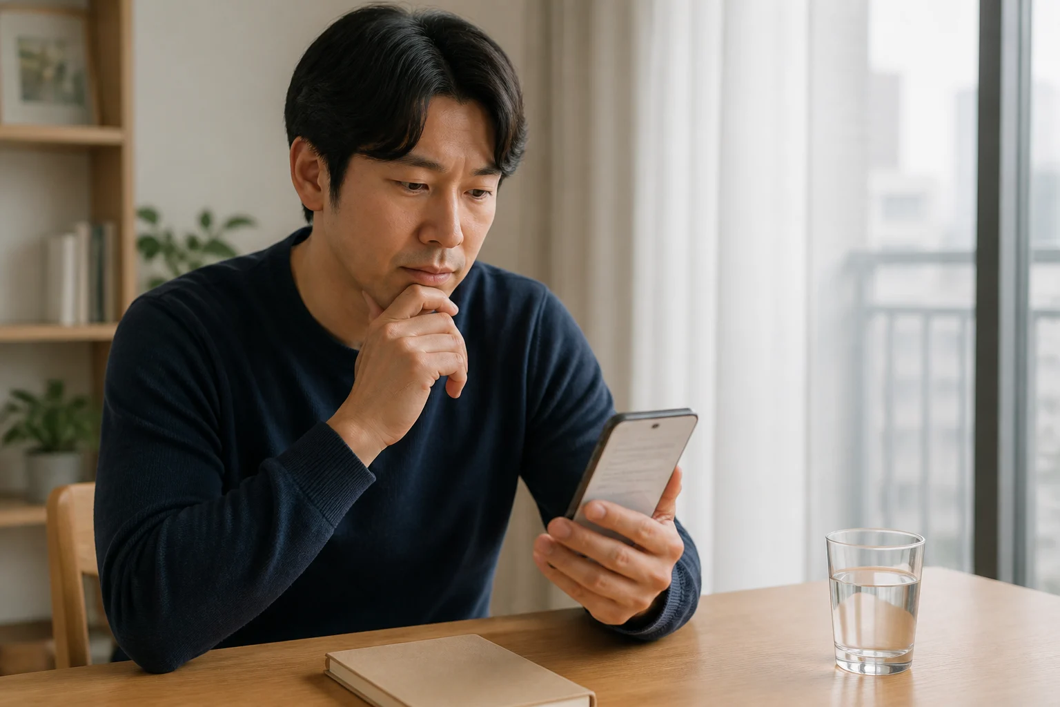 PQQ 제품을 고르기 전 휴대전화에 확인 목록을 정리하는 한국인 남성