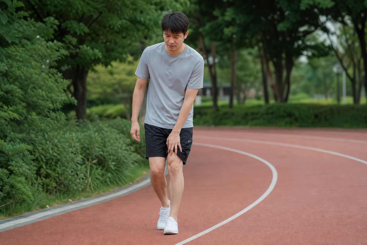 러닝 중 앞무릎이 불편해져 트랙에서 걷기로 전환한 한국인 남성