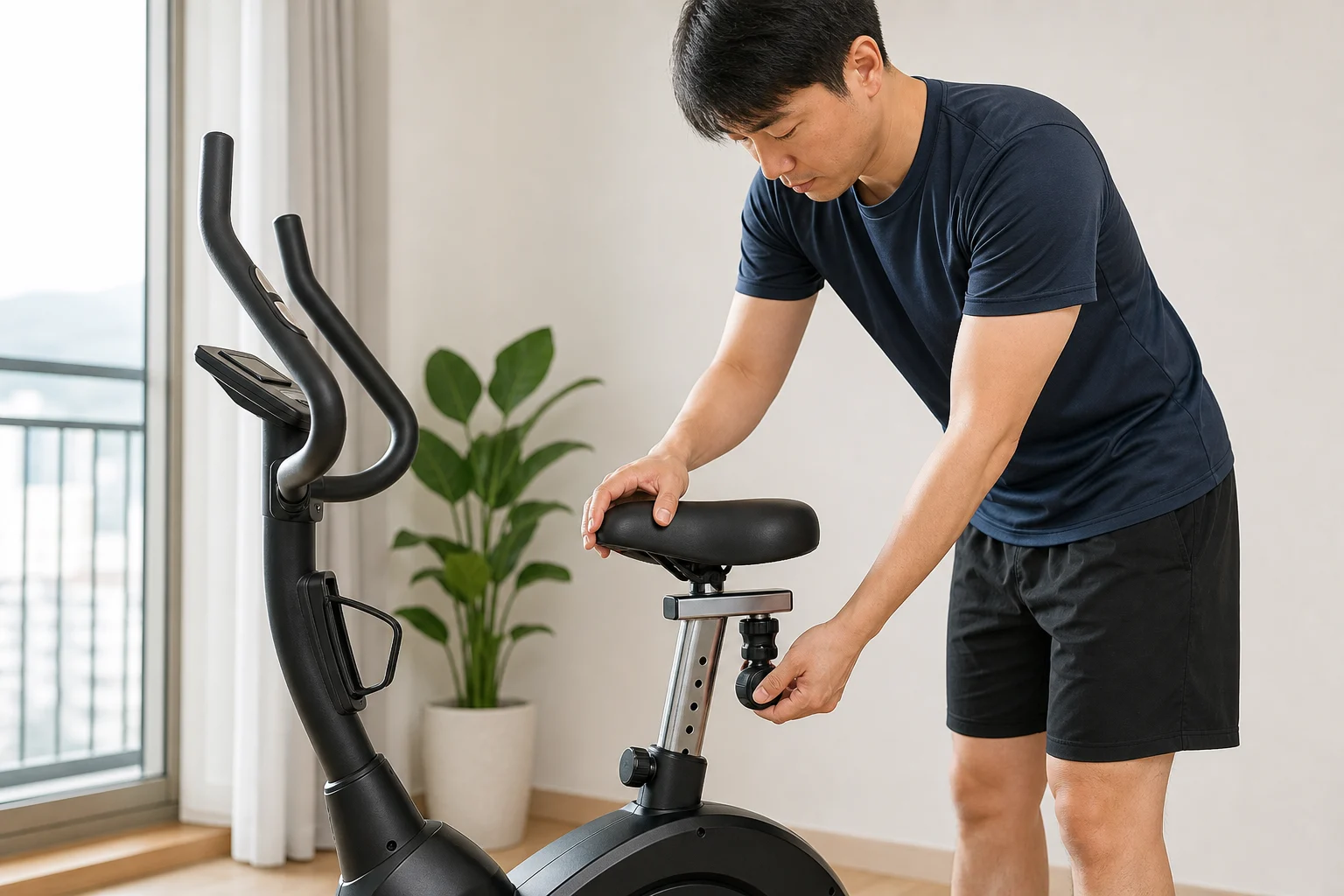 실내자전거를 멈춘 상태에서 안장 높이 조절 손잡이를 맞추는 한국인